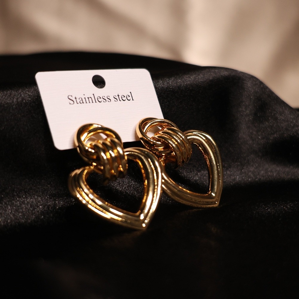 Gold Stainless Steel Heart Drop Earrings Triple Ring Knot JW001